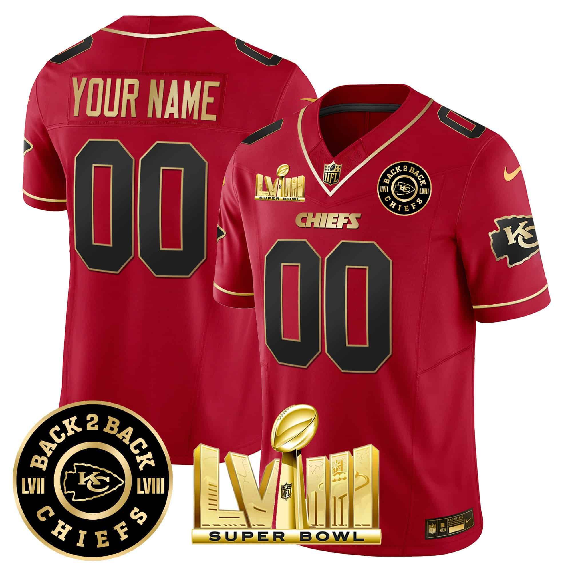 Men Kansas City Chiefs Red 2024 Nike Super Bowl LVIII & Back-2-Back Patch Vapor Custom NFL Jersey style 2